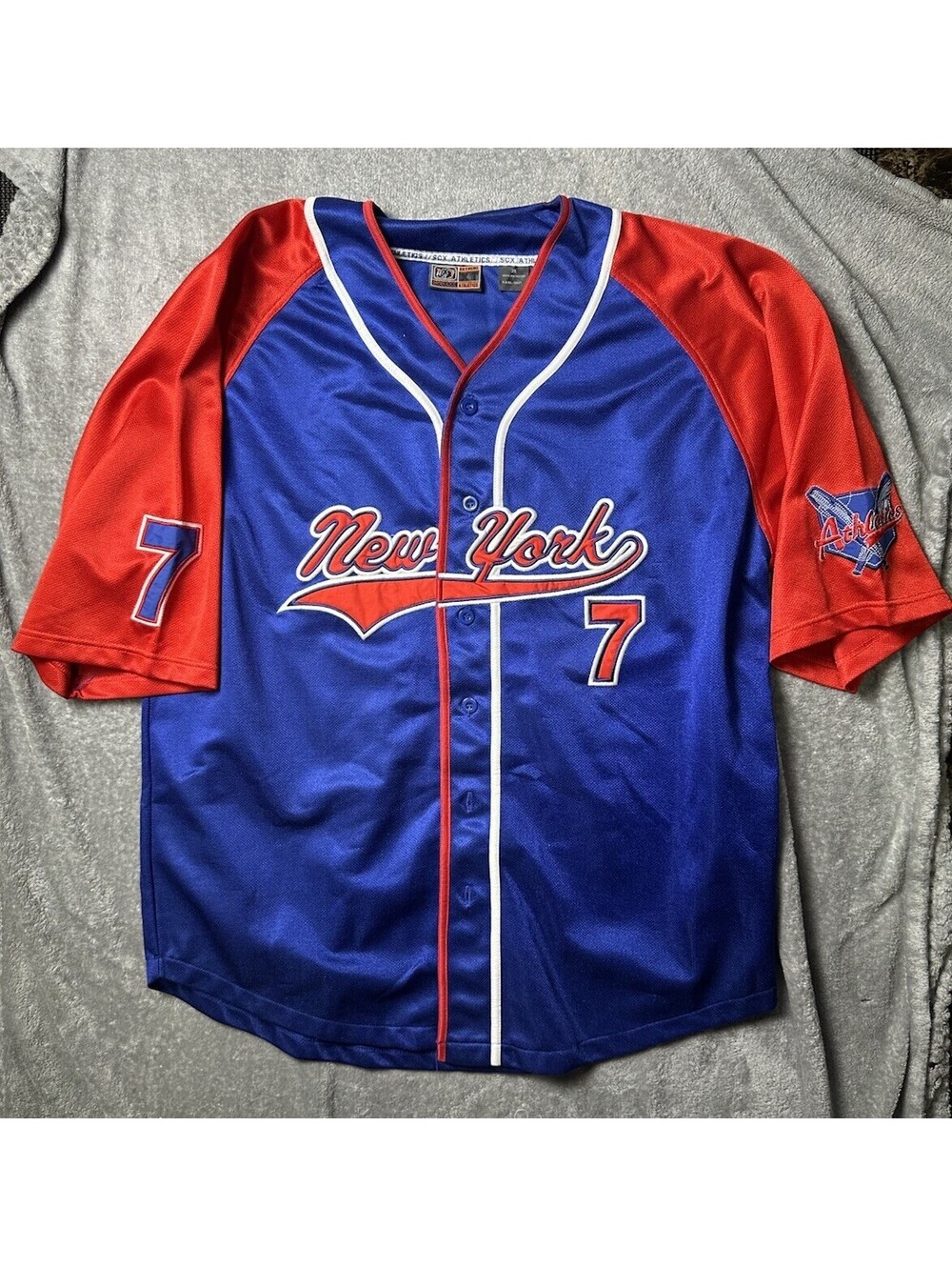 Vintage Y2K SCX Athletics New York #7 Baseball Jersey Hip Hop 2XL Blue Red